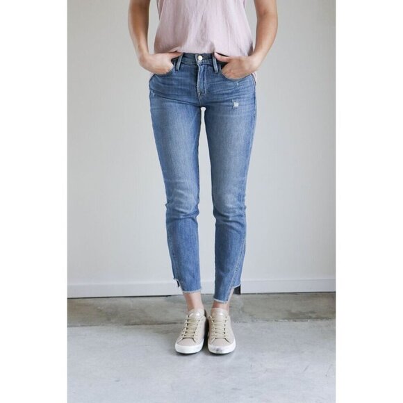 Frame Le Boy Distressed Slim Fit Blue Denim Jeans Womens Size 28 Ankle Length Ra - Picture 1 of 10